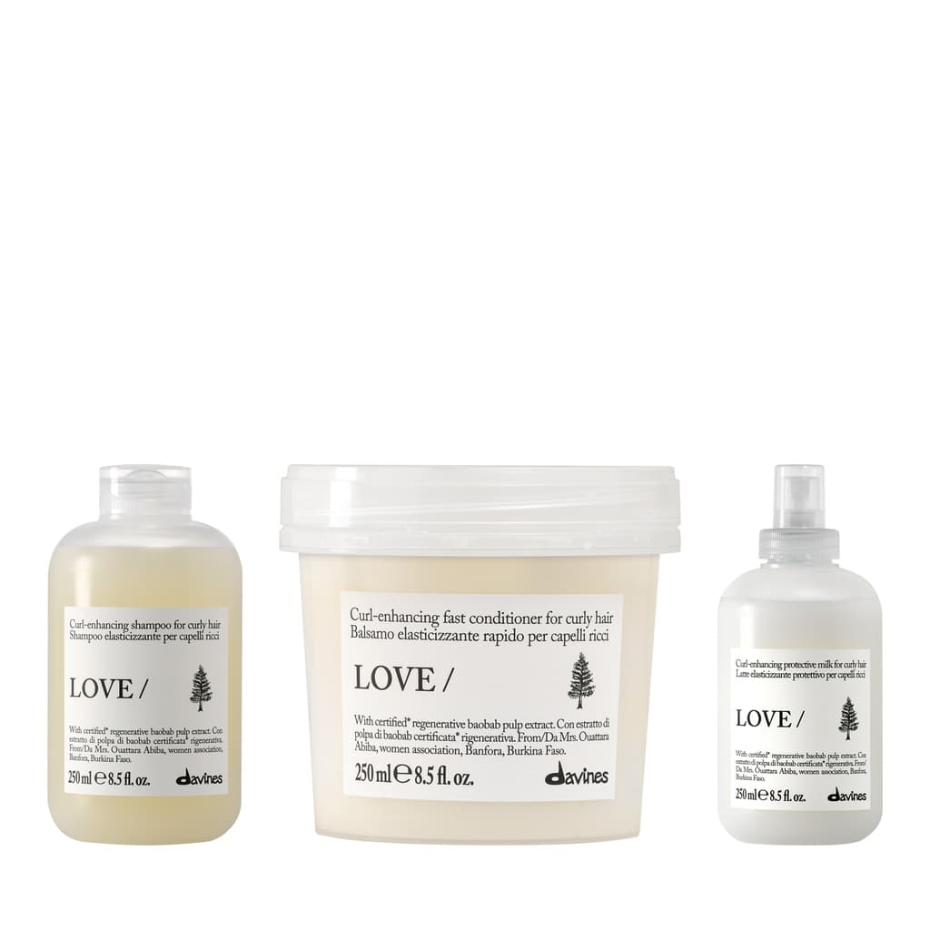 Love Curl | Nawilżający szampon podkreślający skręt do loków + Odżywka uelastyczniająca i dyscyplinująca do włosów kręconych i falowanych + Rewitalizująca mgiełka do włosów kręconych i falowanych zestaw