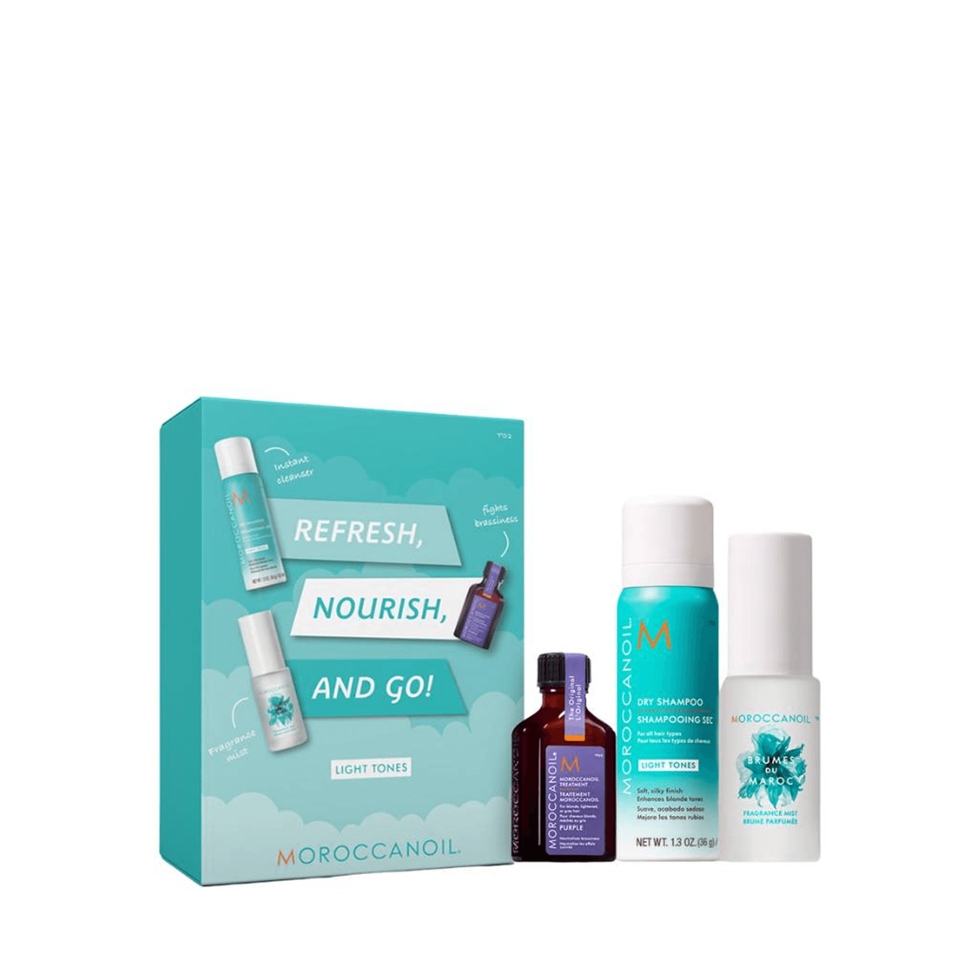 Refresh, Nourish And Go | Zestaw dla jasnych włosów: suchy szampon + kuracja + spray
