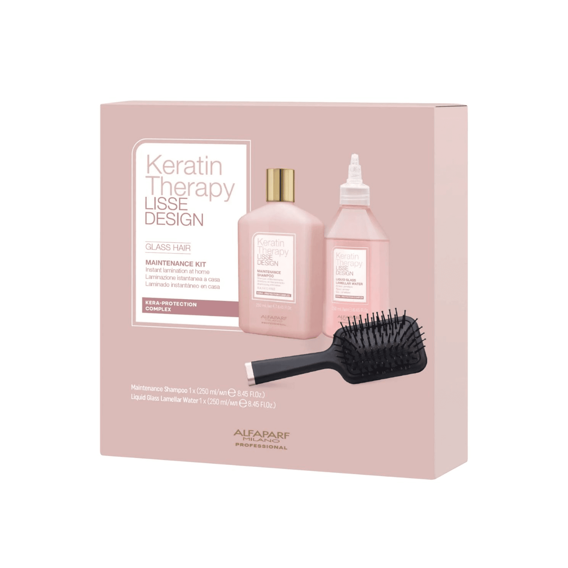 Keratin Therapy Lisse Design | Wygładzający zestaw do włosów po prostowaniu keratynowym: szampon+ woda lamelarna + szczotka do włosów