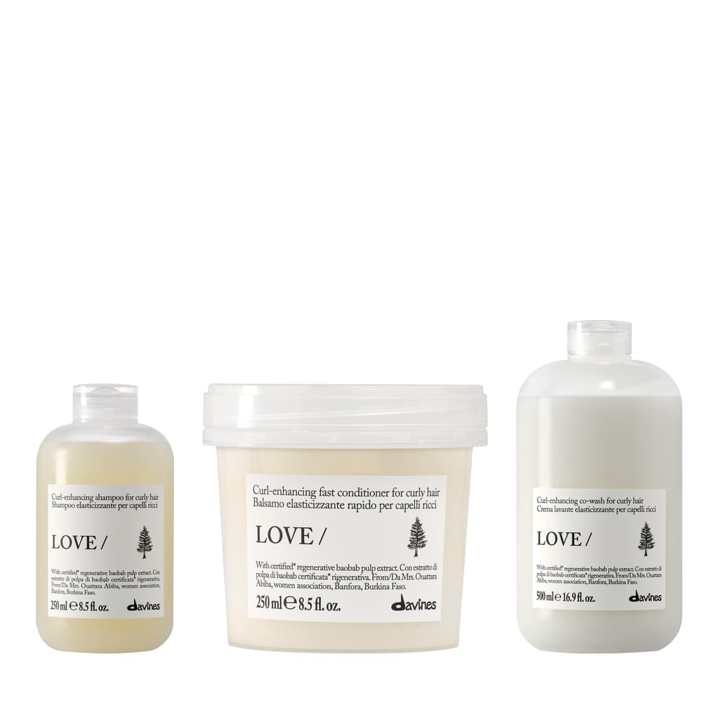 Love Curl | Nawilżający szampon podkreślający skręt do loków + Odżywka uelastyczniająca i dyscyplinująca do włosów kręconych i falowanych + Krem oczyszczający co-wash podkreślający skręt do włosów kręconych i falowanych zestaw