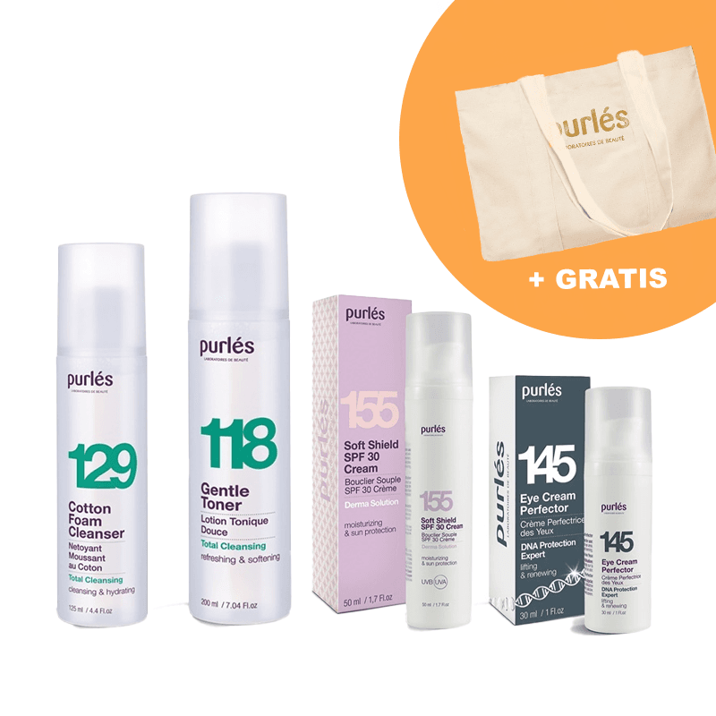 129 + 118 + 145 + 155 | Zestaw do pielęgnacji skóry matowej, z przebarwieniami o nierównym kolorycie: pianka + tonik + krem + krem pod oczy + gratis: logowana torba