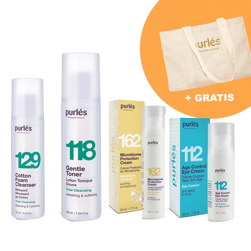 129 + 118 + 162 + 112 | Zestaw łagodzący do twarzy: pianka + tonik + krem pod oczy + krem + gratis: logowana torba