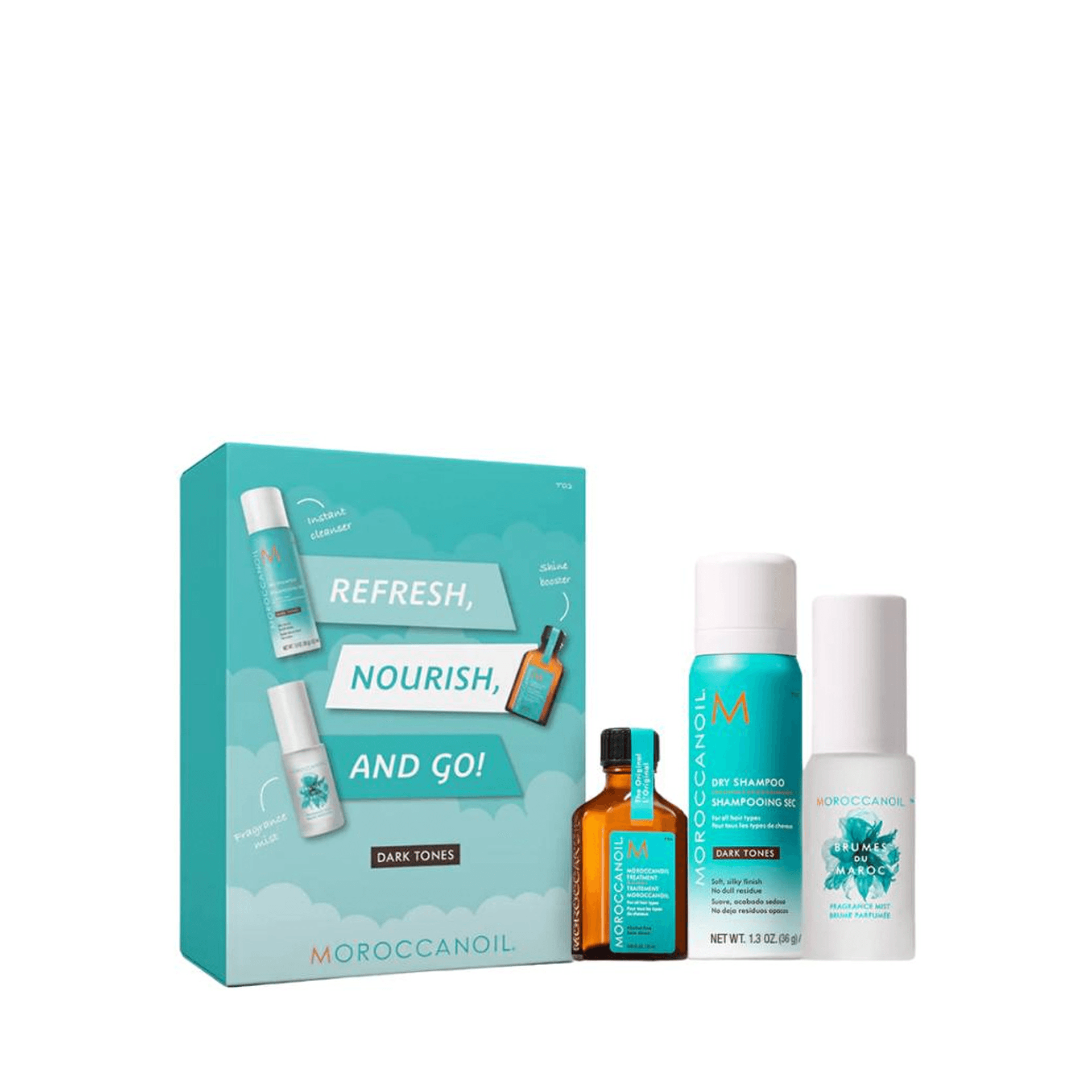 Refresh, Nourish And Go | Zestaw dla ciemnych włosów: suchy szampon + kuracja + spray