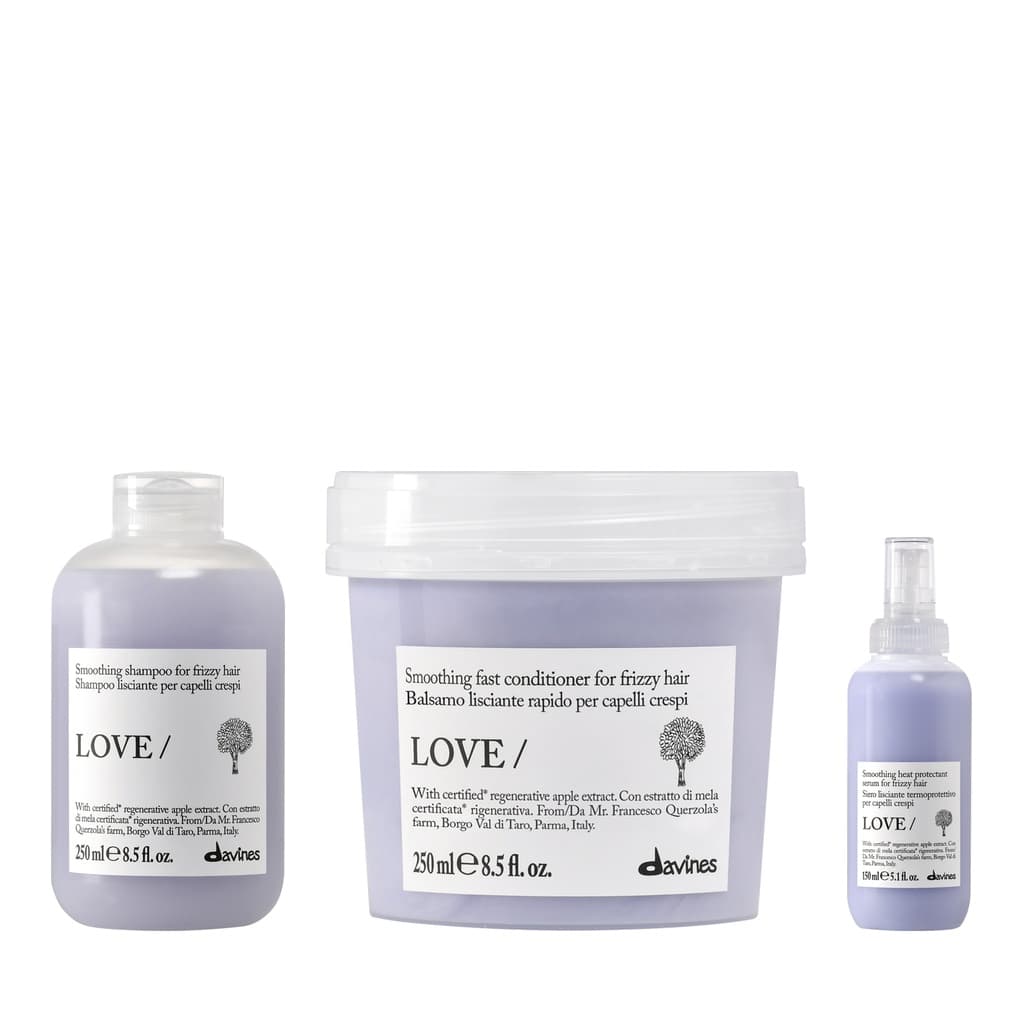 Love Smoothing | Wygładzający szampon do włosów niesfornych i puszących się + Wygładzająca odżywka do włosów grubych i puszących się + Termoochronne serum wygładzające do włosów puszących się i niesfornych zestaw
