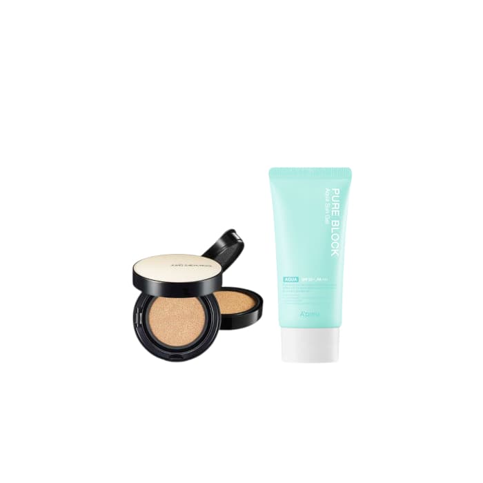 A'PIEU - Pure Block Aqua Sun Gel SPF50+ PA+++ X Jung Saem Mool - Essential Skin Nuder Long Wear Cushion -+ - Medium Deep