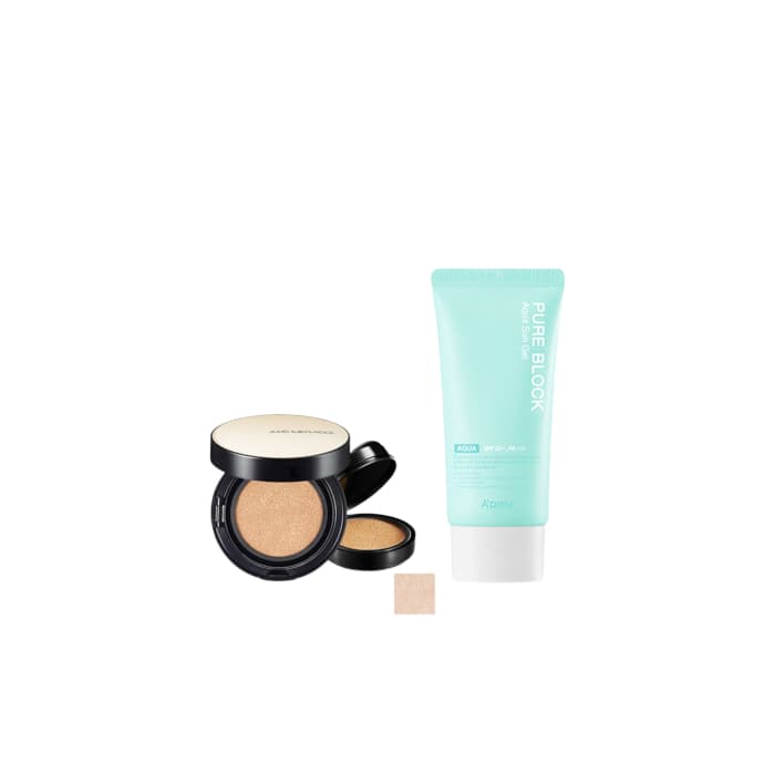 A'PIEU - Pure Block Aqua Sun Gel SPF50+ PA+++ X Jung Saem Mool - Essential Skin Nuder Long Wear Cushion -+ - Medium Deep