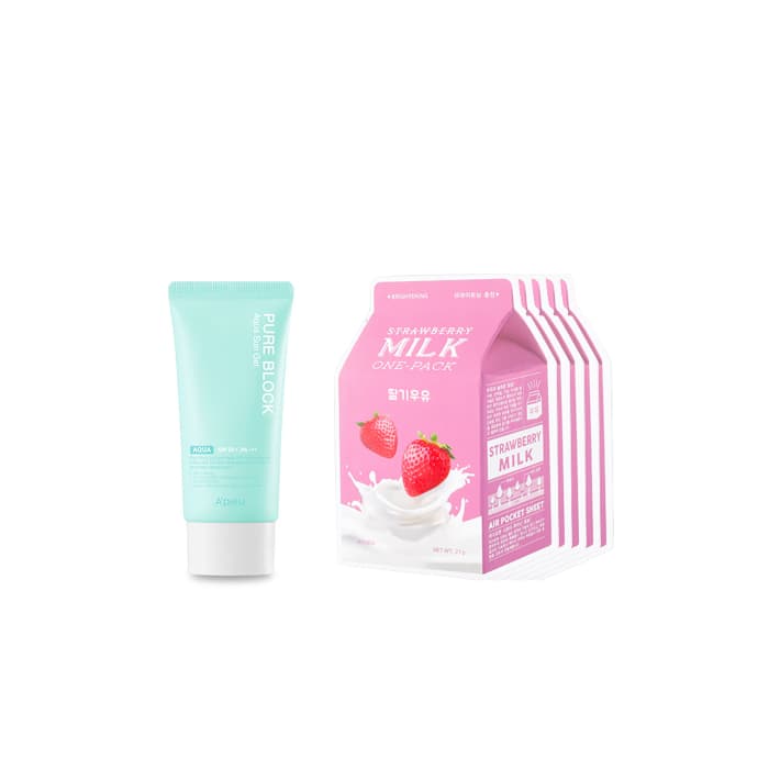 Milk One Pack Sheet Mask - Strawberry -. + Pure Block Aqua Sun Gel SPF50+ PA+++ (.) Set