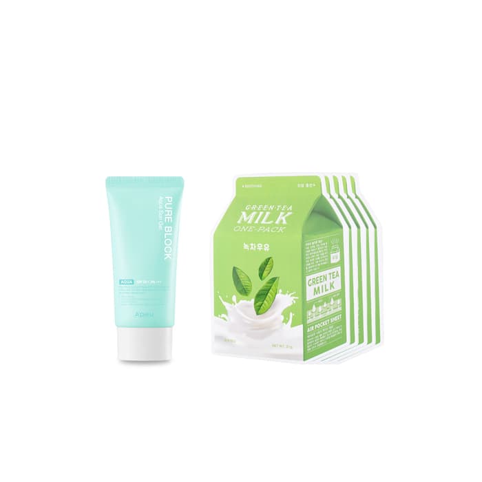 Milk One Pack Sheet Mask - Green Tea -. + Pure Block Aqua Sun Gel SPF50+ PA+++ (.) Set