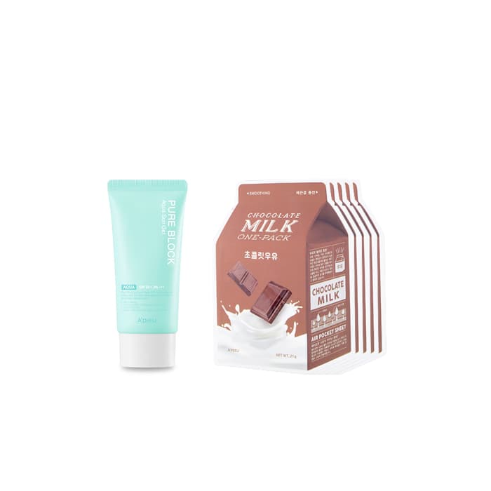 Milk One Pack Sheet Mask - Chocolate -. + Pure Block Aqua Sun Gel SPF50+ PA+++ (.) Set