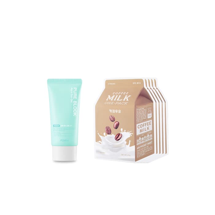 Milk One Pack Sheet Mask - Coffee -. + Pure Block Aqua Sun Gel SPF50+ PA+++ (.) Set