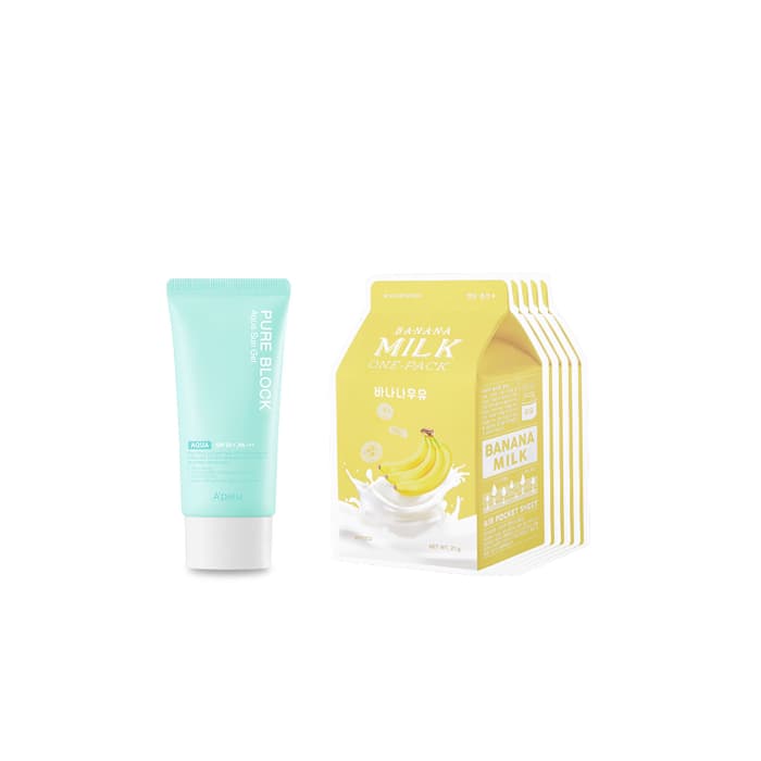 Milk One Pack Sheet Mask - Banana -. + Pure Block Aqua Sun Gel SPF50+ PA+++ (.) Set