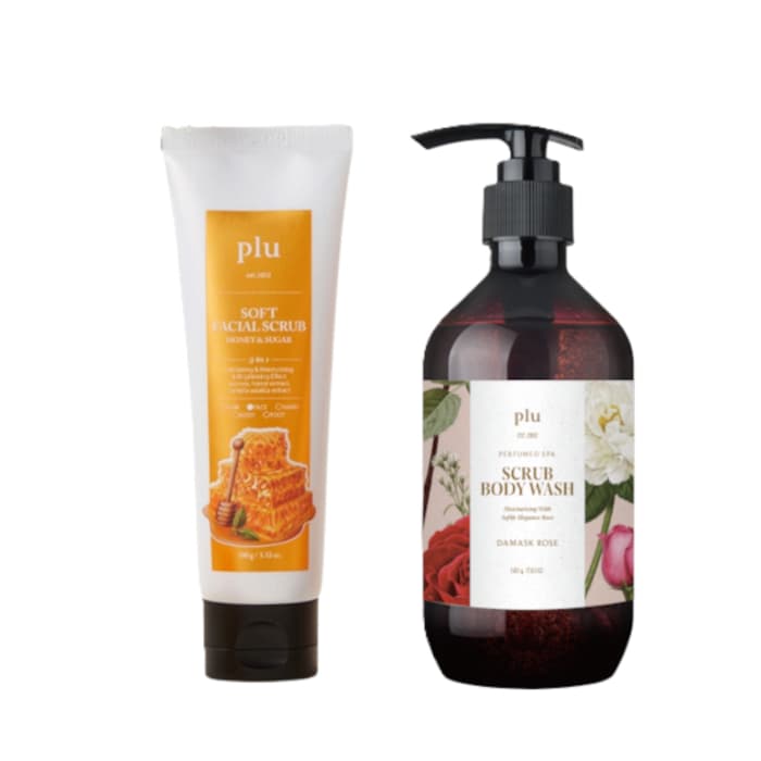 Soft Facial Scrub Honey & Sugar - (1ea) & Perfumed Spa Scrub Body Wash - - Damask Rose (1ea) Set