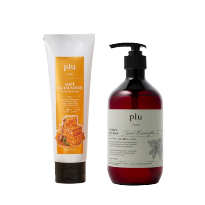Soft Facial Scrub Honey & Sugar - (1ea) & Therapy Body Wash - - Basil Eucalyptus (1ea) Set