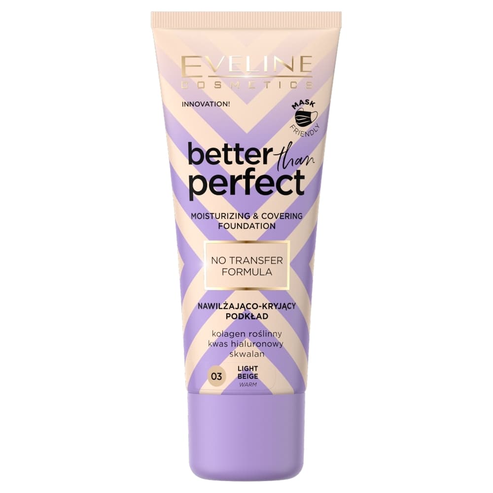 Eveline Better Than Perfect, nawilżająco-kryjący podkład z formułą no transfer, 03 light beige