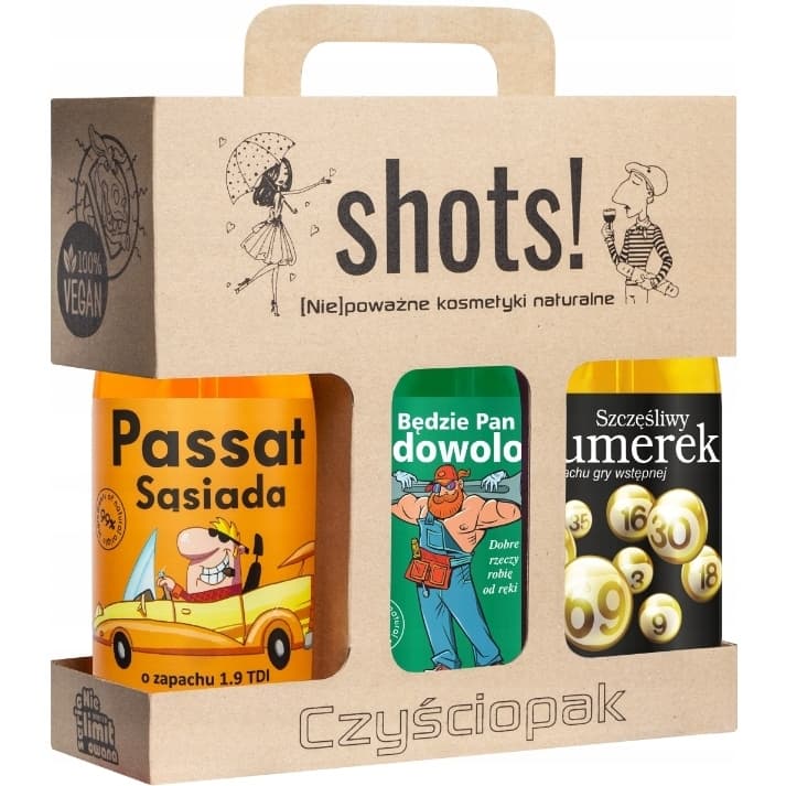SHOTS! - Czyściopak męski - Zestaw 3 żeli pod prysznic - Passat sąsiada + Będzie Pan Zadowolony + Szczęśliwy Numerek