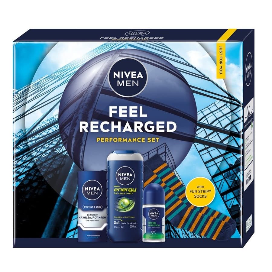 Men Feel Recharged Set Zestaw kosmetyków do pielęgnacji dla mężczyzn - Krem do twarzy + Żel pod prysznic + Antyperspirant roll-on + Skarpetki 40-45()