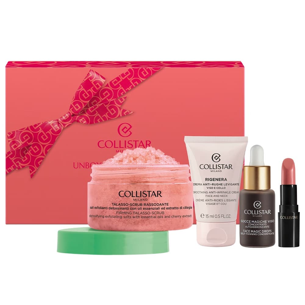 Unbox Your Uniqueness zestaw pomadka do ust 102 + krople samoopalające do twarzy + przeciwzmarszczkowy krem wygładzający + ujędrniający peeling do ciała