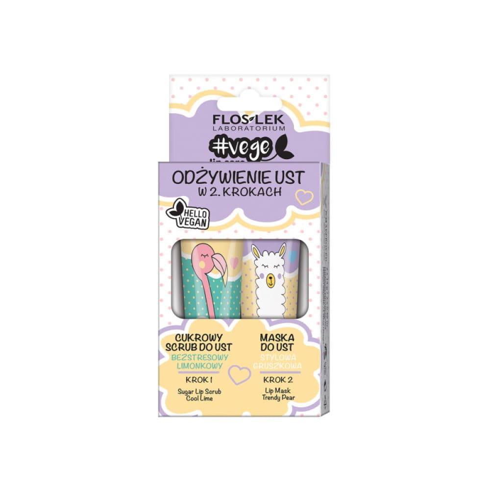 FlosLek Vege Lip Care zestaw odżywienie ust w 2 krokach cukrowy scrub bezstresowy limonkowy + maska do ust stylowa gruszkowa