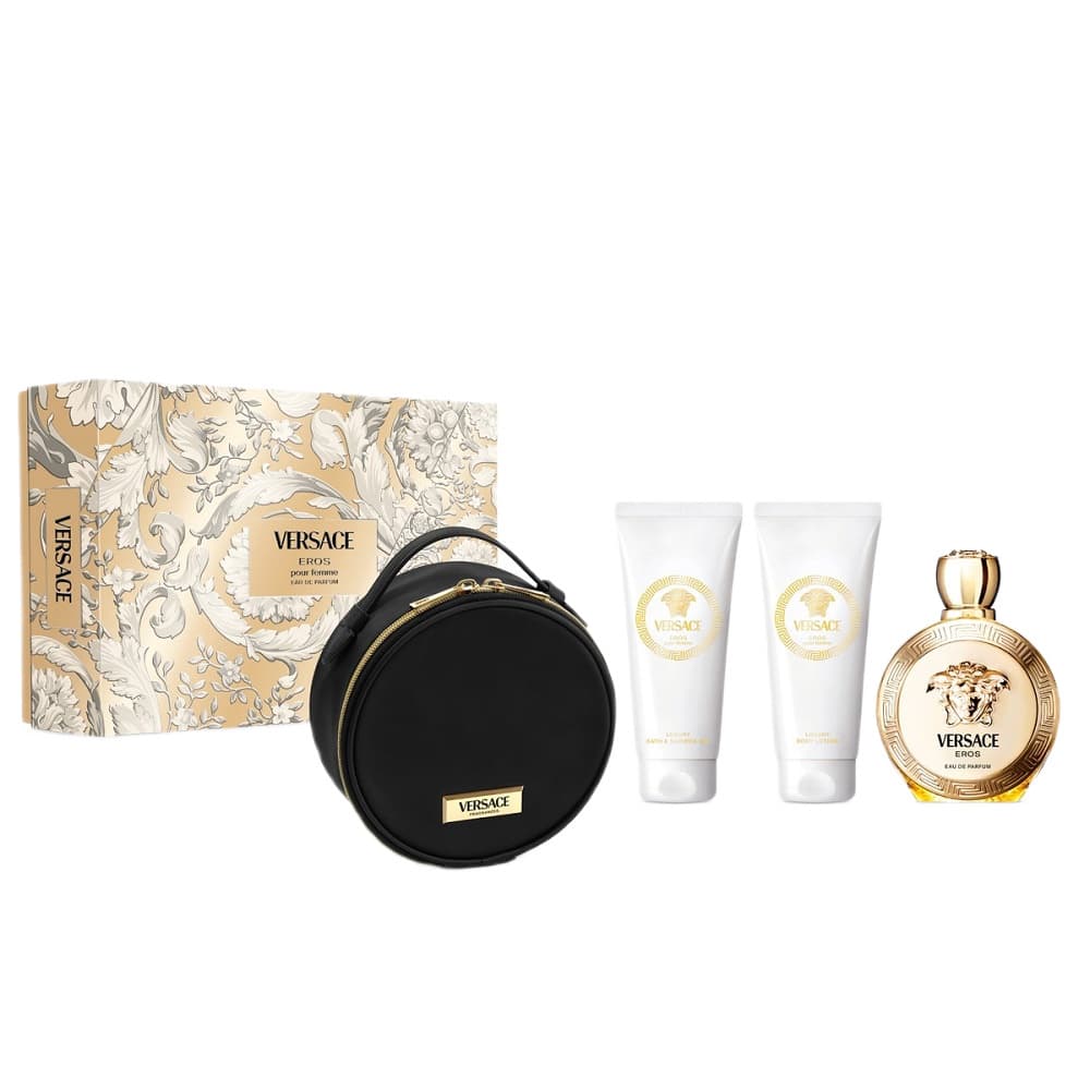Eros Pour Femme luksusowy zestaw prezentowy: EDP, balsam do ciała, żel pod prysznic, kosmetyczka dla kobiet