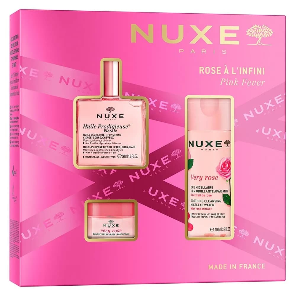 Pink Fever zestaw suchy olejek regenerujący + łagodząca woda micelarna 3w1 + różany balsam do ust