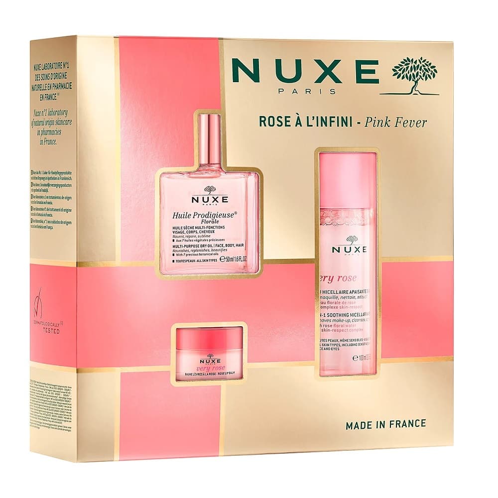 Rose A L\'infini Pink Fever zestaw łagodząca woda micelarna 3w1 + różany balsam do ust + suchy olejek regenerujący
