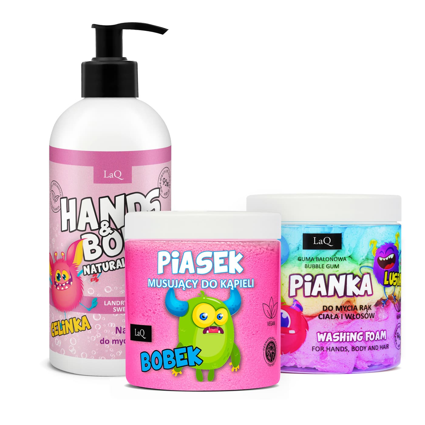 Landryna, zestaw do ciała dla dzieci, żel + piasek różowy + pianka do łapek różowa (sianko)