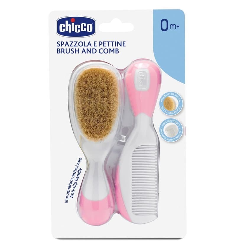 Brush and Comb zestaw szczotka z naturalnego włosia + grzebyk 0m+ Różowy