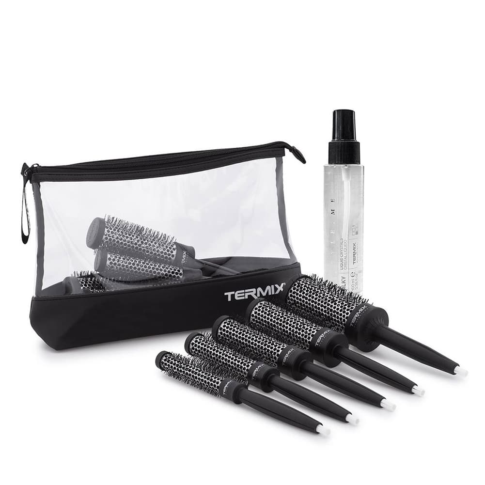 Pro, zestaw 5 okrągłych termicznych szczotek + spray Silky, różne rozmiary