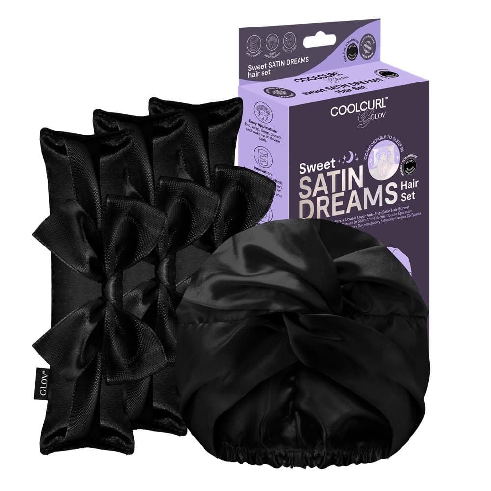 Sweet Satin Dreams zestaw wałki do kręcenia włosów na zimno + dwuwarstwowy satynowy czepek do spania Black