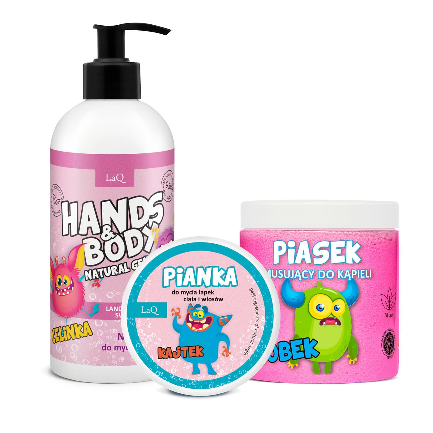 Landryna, zestaw do ciała dla dzieci, żel + pianka 3-kolorowa + piasek różowy (sianko)