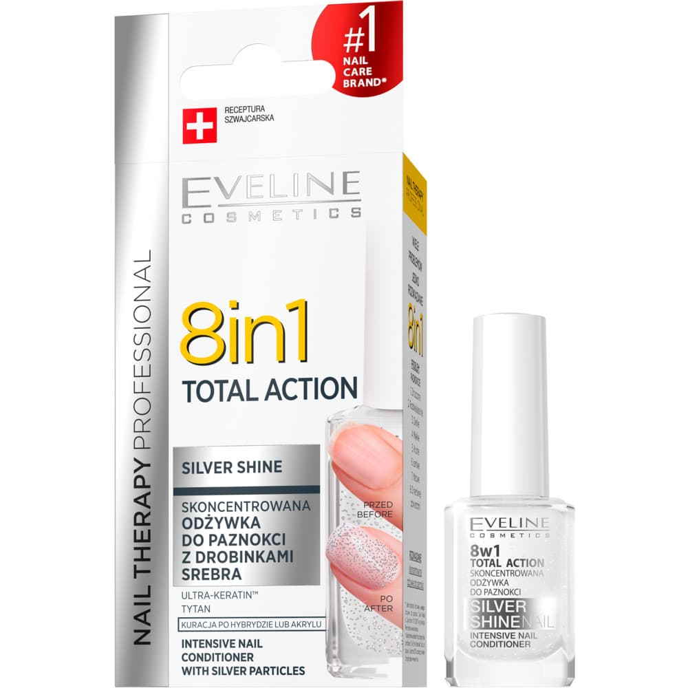 8in1 Total Action, odżywka do paznokci z drobinkami srebra Silver Shine