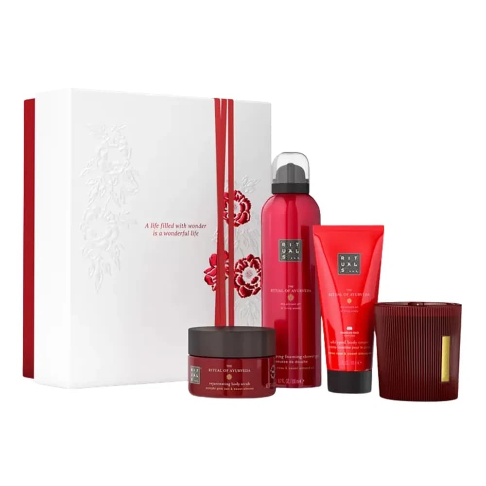 The Ritual Of Ayurveda zestaw prezentowy pianka do mycia ciała + krem + peeling + świeca