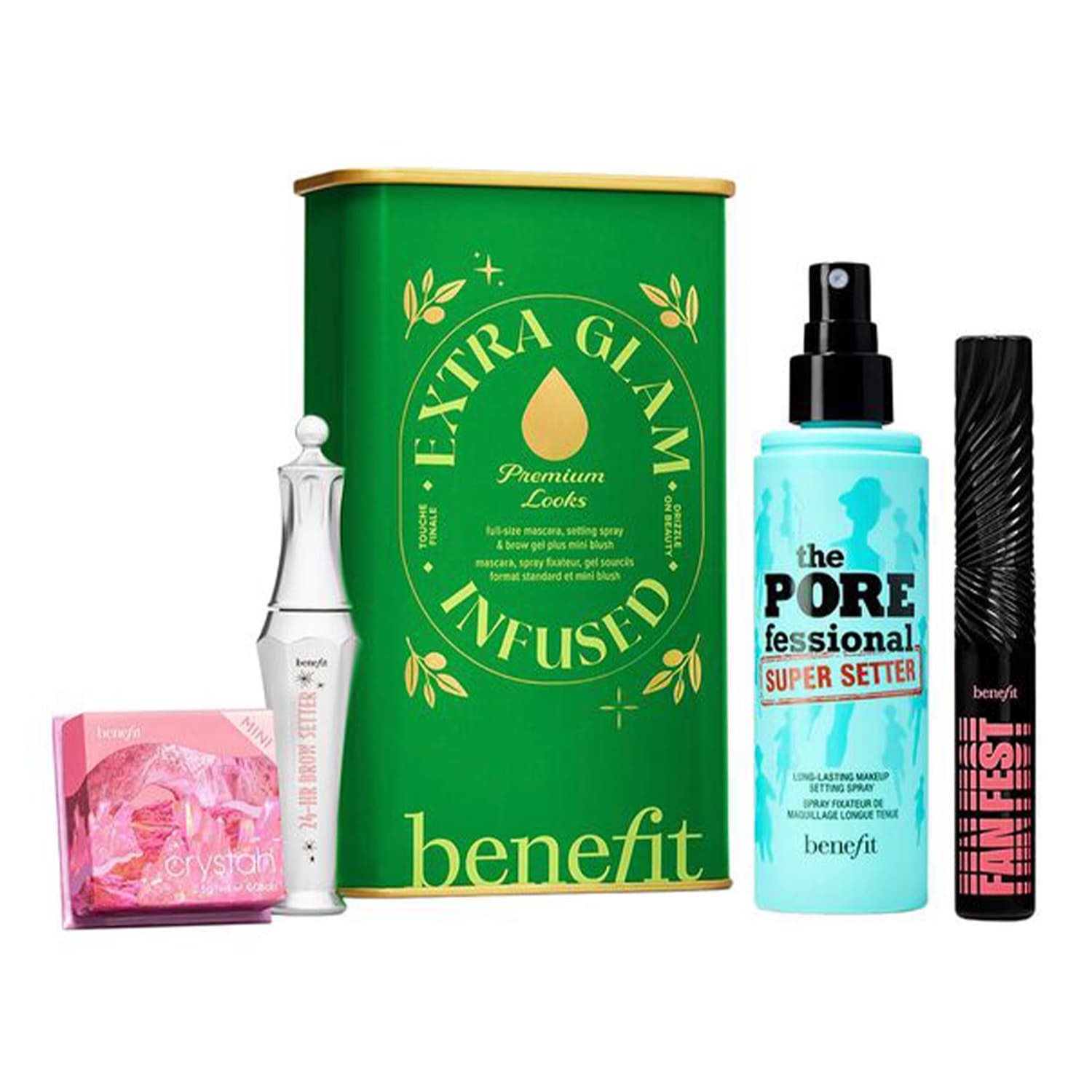 Extra Glam Infused Premium Looks zestaw tusz do rzęs Fan Fest Hyper Black + utrwalacz do makijażu The POREfessional Super Set