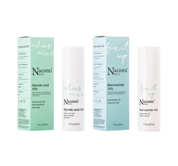 Next Level zestaw serum Adiós Acné Kwas Glikolowy 10% + Fix It Up Niacynamide 15%