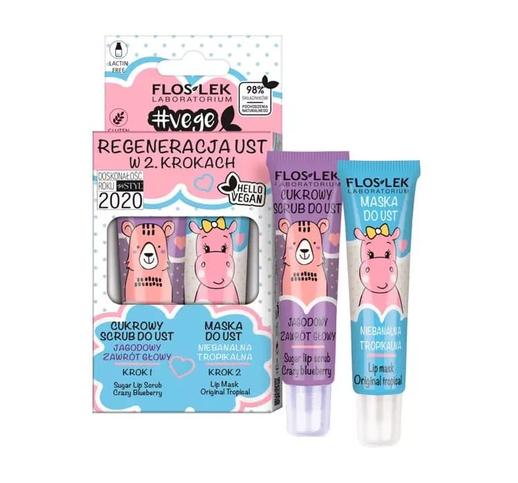 Floslek Lip Care Regeneracja zestaw do pielęgnacji ust cukrowy scrub jagodowy i maska tropikalna