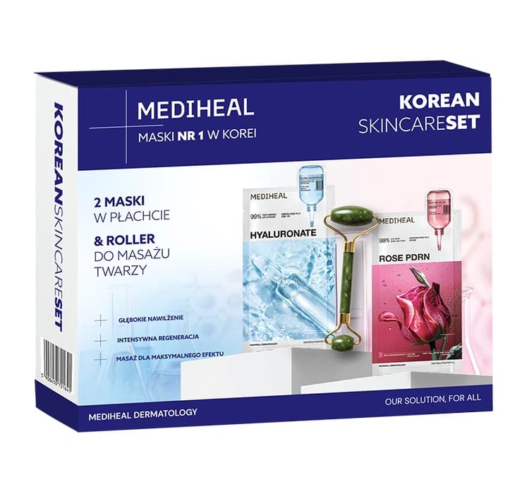 Korean Skincare Set zestaw masek w płachcie Mediheal Hyaluronate + Mediheal Rose PDRN + roller do masażu twarzy