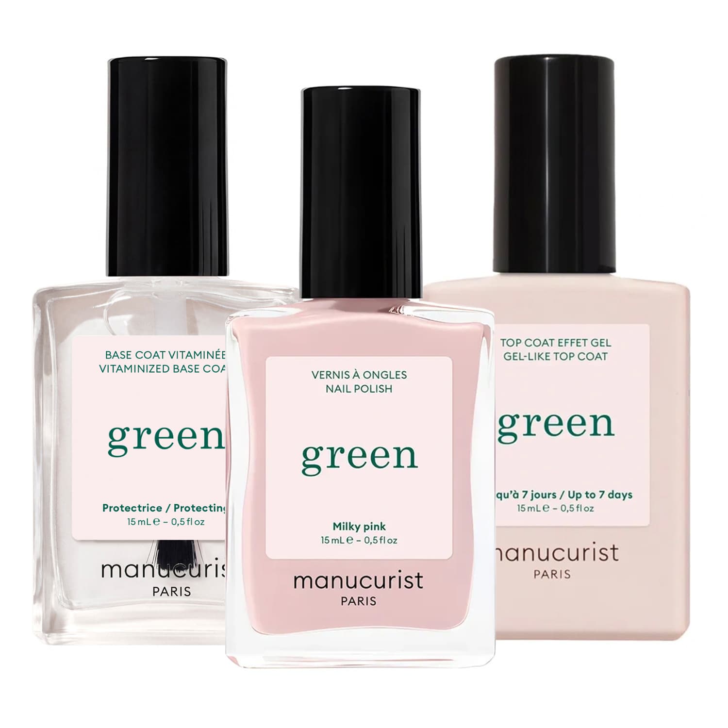 Clean Girl zestaw Green Base Coat baza + Green Nail Polish klasyczny lakier Milky Pink + Green Top Coat Gel Effect top