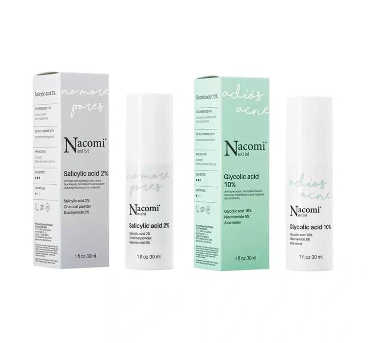 Next Level zestaw serum Adiós Acné Kwas Glikolowy 10% + No More Pores Kwas Salicylowy 2%