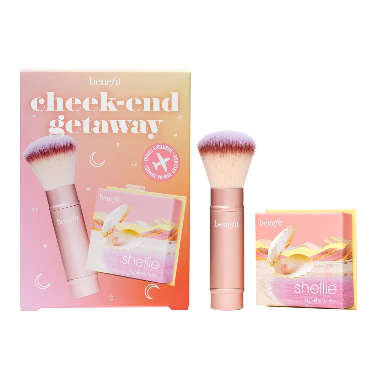 Cheek-End Getaway zestaw do makijażu róż do policzków Warm Seashell-Pink Blush + wielofunkcyjny pędzel Multitasking Cheek Brush