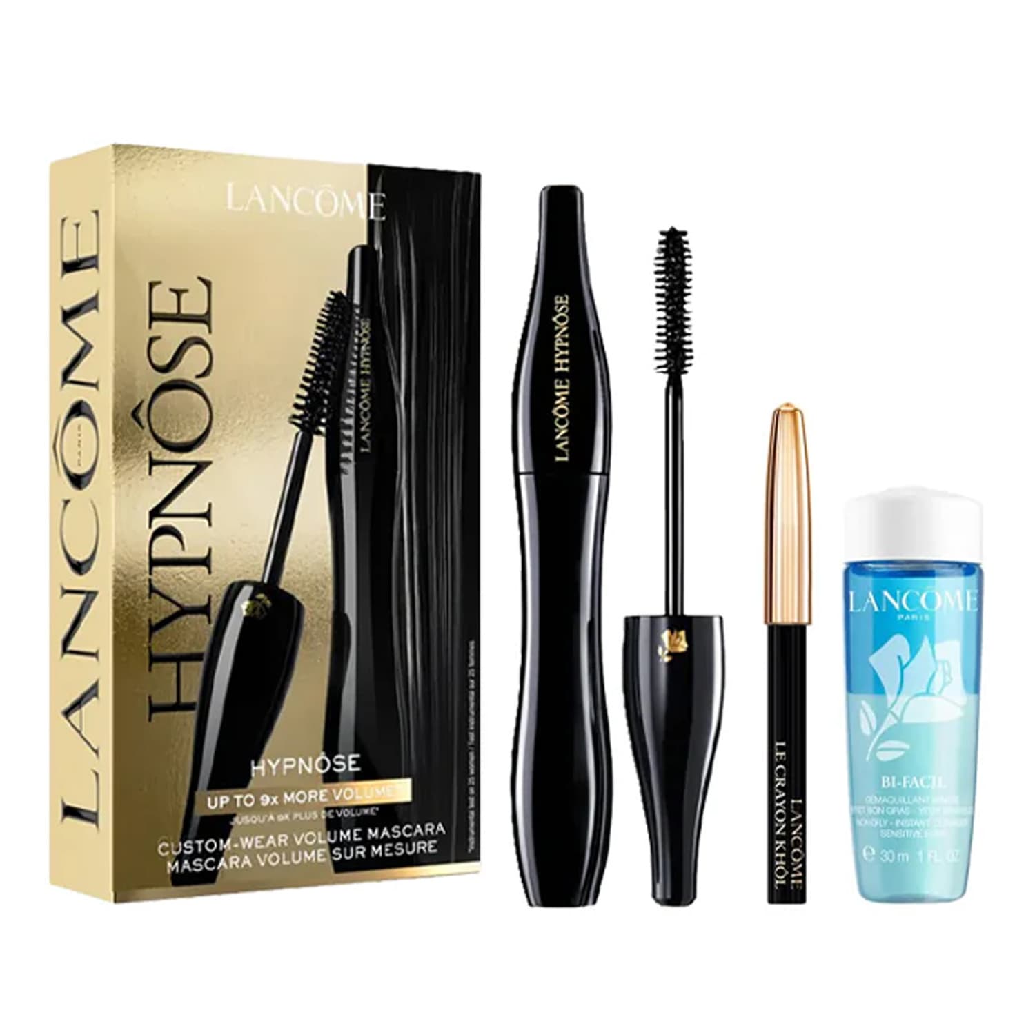 tusz do rzęs Hypnôse 01 Noir Hypnotic + kredka do oczu Le Crayon Khol 01 Noir + płyn do demakijażu oczu Lancôme Bi-Facil