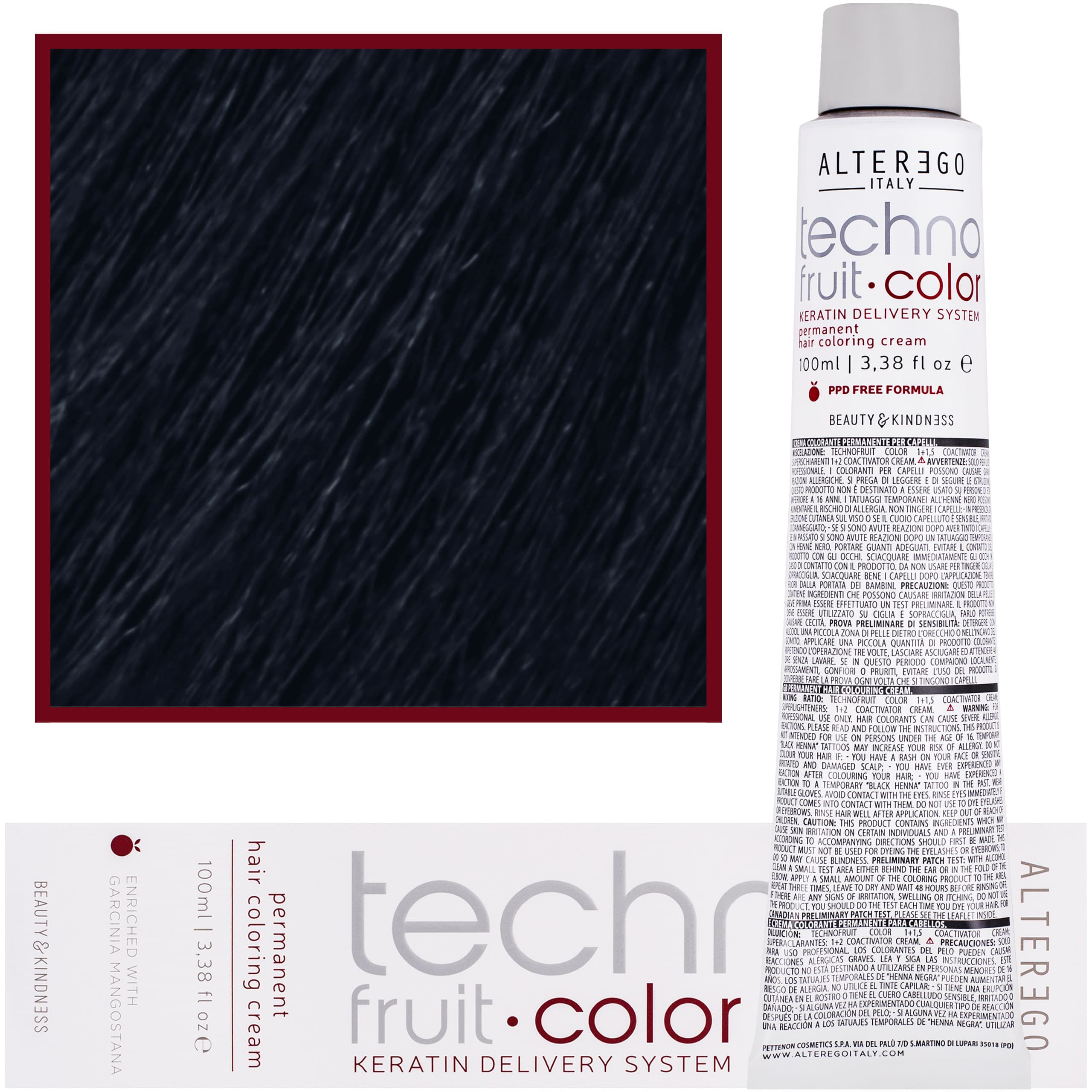 Technofruit Color - farba z keratyną do trwałej koloryzacji włosów, 1/10 | Czarny Niebieski