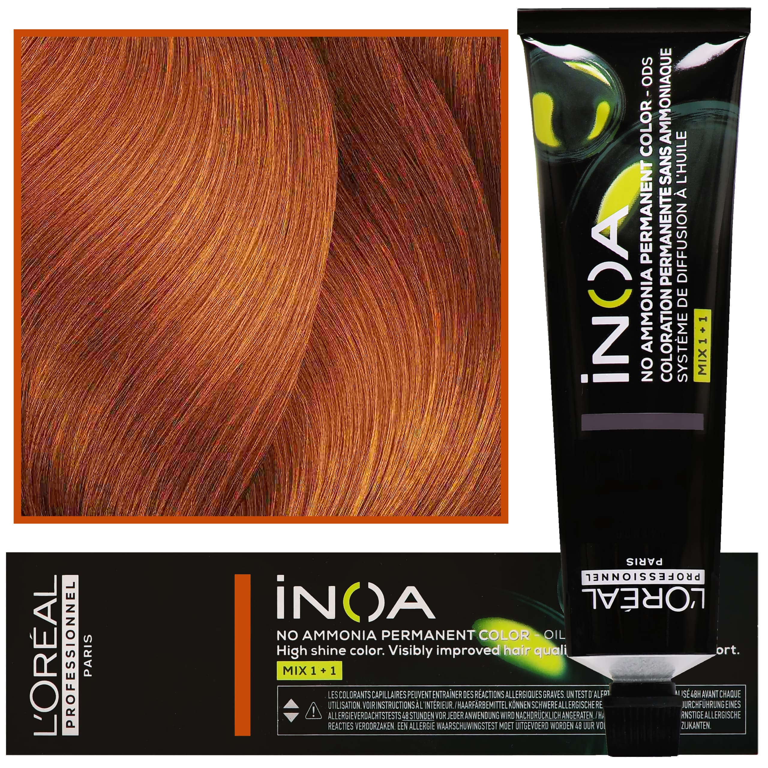 Professionnel Inoa - farba do włosów bez amoniaku z dodatkową ochroną włosa, 7.44 Blond Miedziany Intensywny