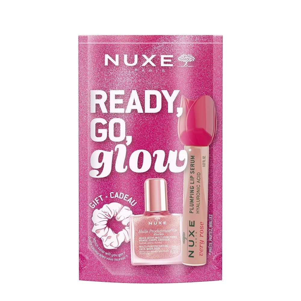 Ready Go Glow zestaw suchy olejek regenerujący + nawilżające serum powiększające usta + gumka do włosów