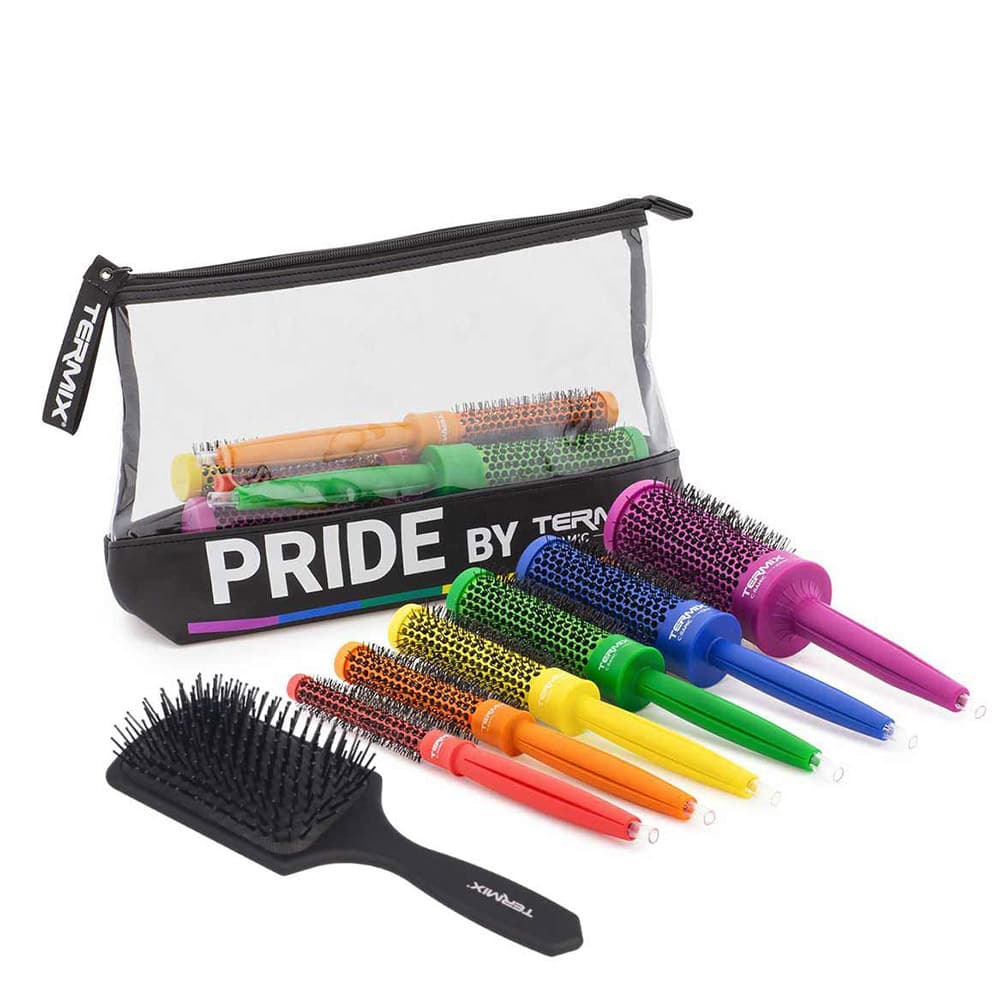 Pride, zestaw 6 okrągłych szczotek kolorowych + szczotka płaska, czarna