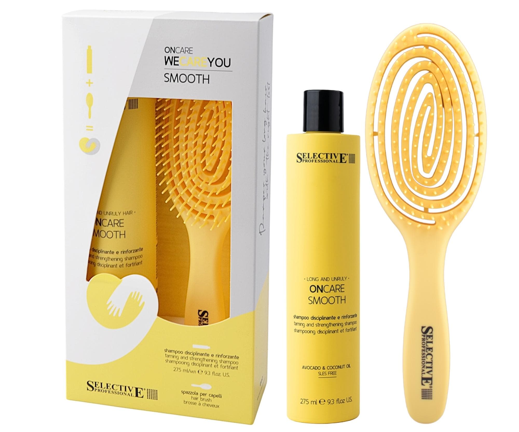 Zestaw upominkowy do włosów niesfornych Selective Professional OnCare Smooth WeCareYou Kit - szampon + szczotka gratis