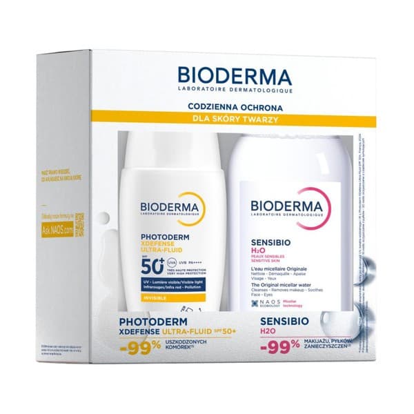 Zestaw Bioderma, Photoderm XDefense Ultra-Fluid, ochronny ultralekki fluid SPF 50+, bezbarwny, + Sensibio H2O, woda micelarna do skóry wrażliwej
