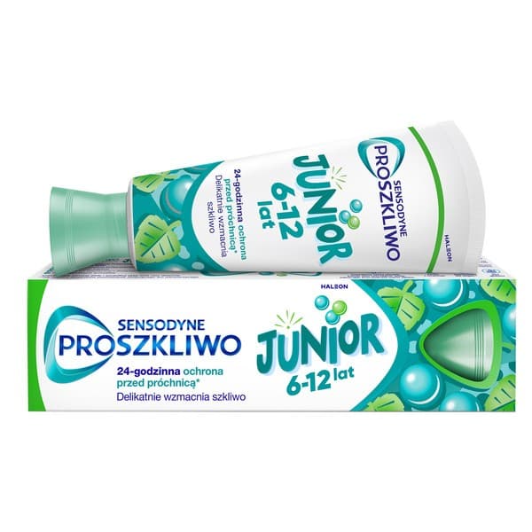 Proszkliwo Junior, pasta do zębów chroniąca szkliwo do zębów mlecznych i stałych 6-12 lat, z fluorem