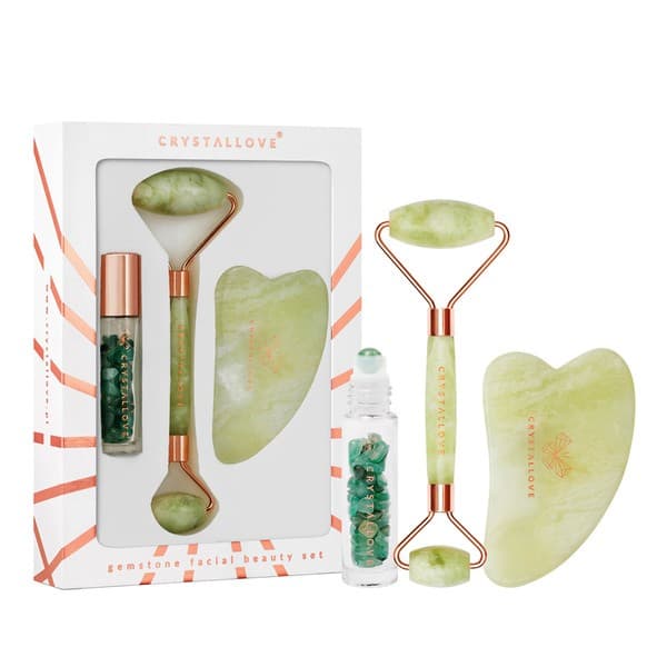 Zestaw Crystallove Jade, roller do twarzy + płytka gua sha + buteleczka roll-on
