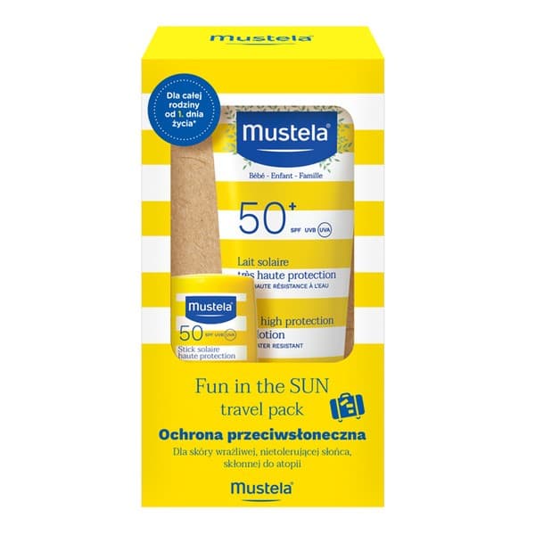 Zestaw Mustela Fun In The Sun travel pack, mleczko przeciwsłoneczne SPF 50+, + sztyft przeciwsłoneczny SPF 50