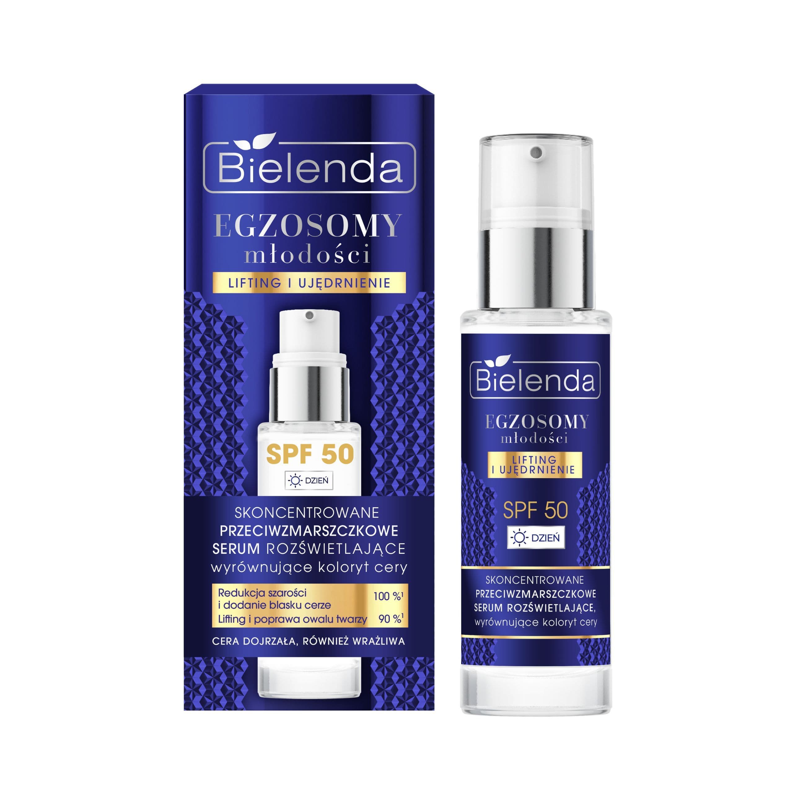 Skoncentrowane przeciwzmarszczkowe serum rozświetlające, wyrównujące koloryt cery SPF 50, na dzień